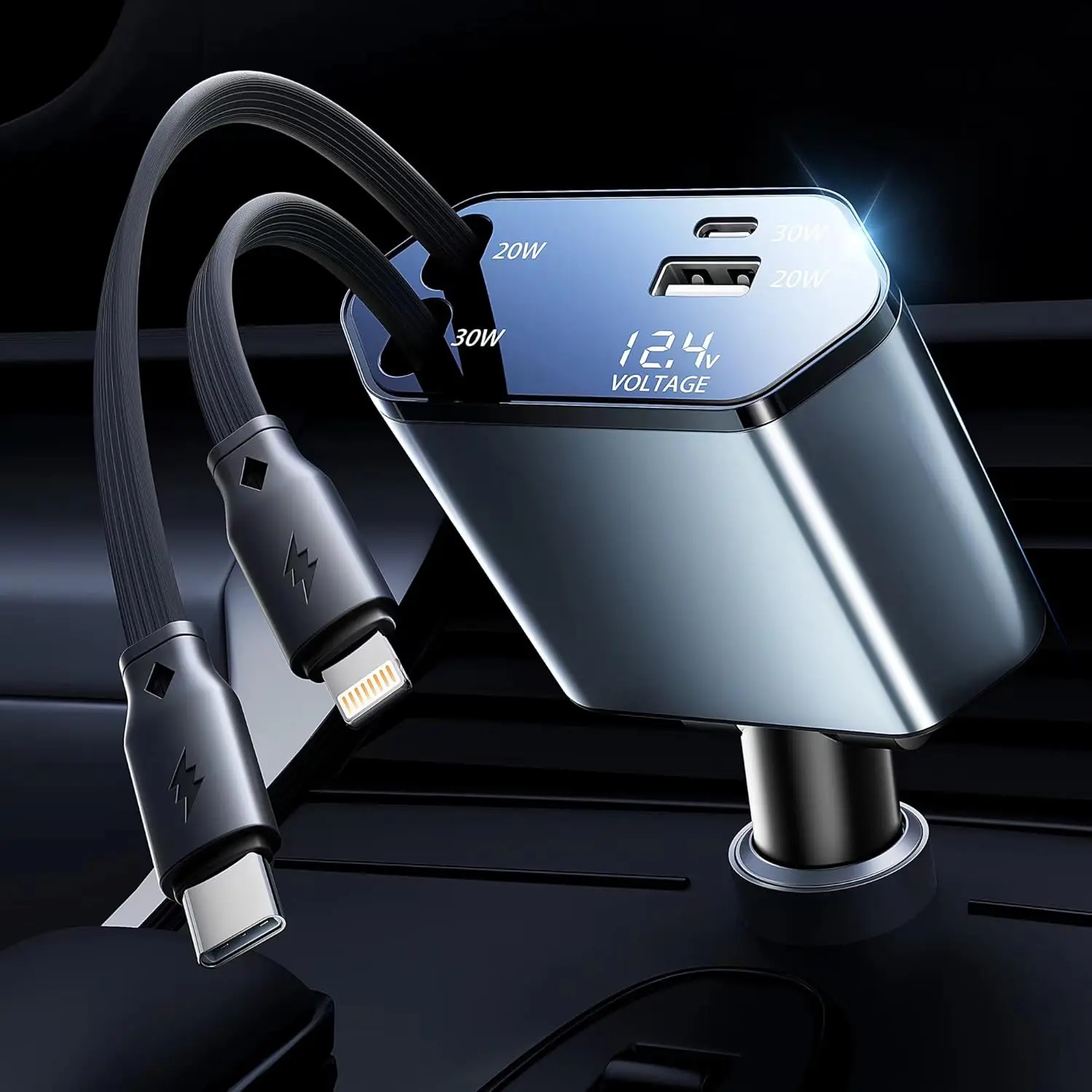 Retractable Car Charger, 4 in 1 Fast Charging Car Multi-Phone Charger with USB-C & USB-A, Compatible with iPhone 17/16/15/14/13/12/11,Galaxy,Pixel,Car Accessories Gifts for Fathers Day,Husband,Men,Dad