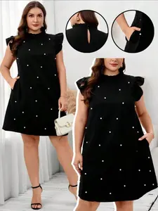 Plus Size Women's Ruffle Pearl Dress, Slimming Concealing Fit, Versatile Body Type, Elegant Party Wear, Comfortable Fashion Womenswear