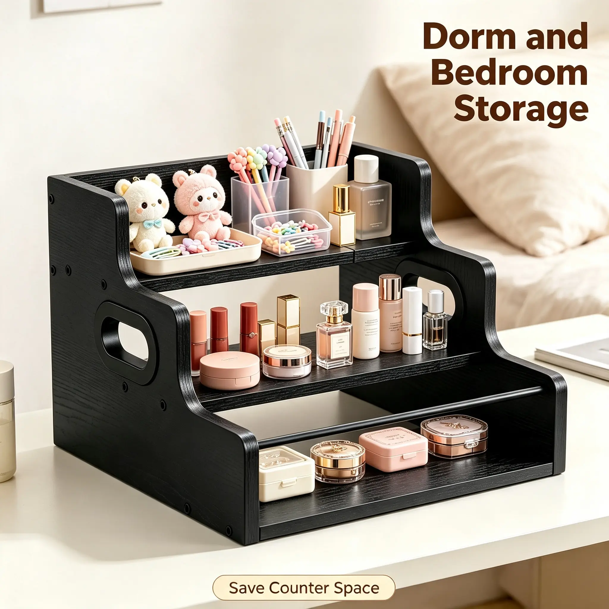 Durable 3/4-Tier Brown & Black Display Stand Organizer - Home Storage Rack for Figurines, Countertop, Vanity Use, Decorative, Kitchen