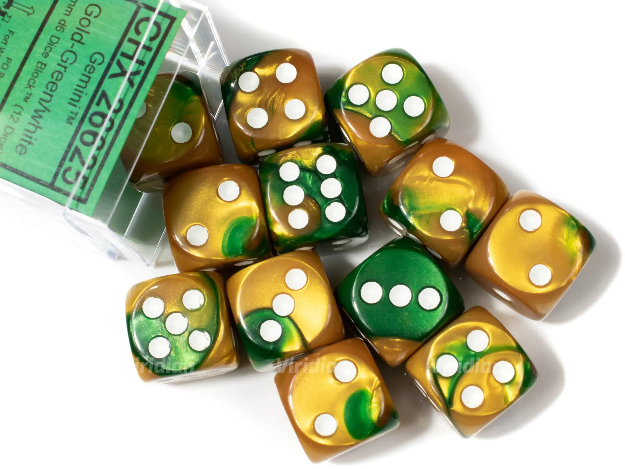Gemini Gold & Green D6s (12) | D6 Block | Chessex Dice (12)