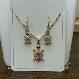 Turtle Earring & Necklace Set with Pink Stone Gold Laminated Jewelry Set
