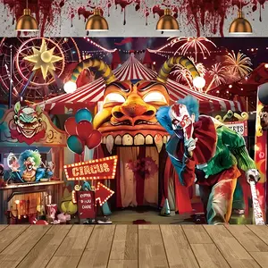 1pc, Carnival Ferris Wheel & Clown Vinyl Backdrop - Vibrant Circus Scene with Fireworks & Blood Splatter - Perfect for Halloween Parties, Photo Shoots, and Themed Events - No Electricity Needed - Available in Two Sizes, Halloween Decorations Banners