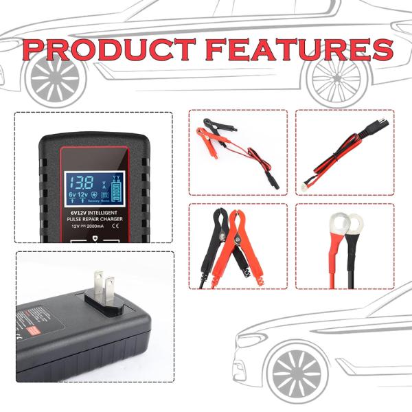 6V 12V Automatic Battery Charger Maintainer for Motorcycle Trickle Float with Smart Pulse Repair and Multiple Protections