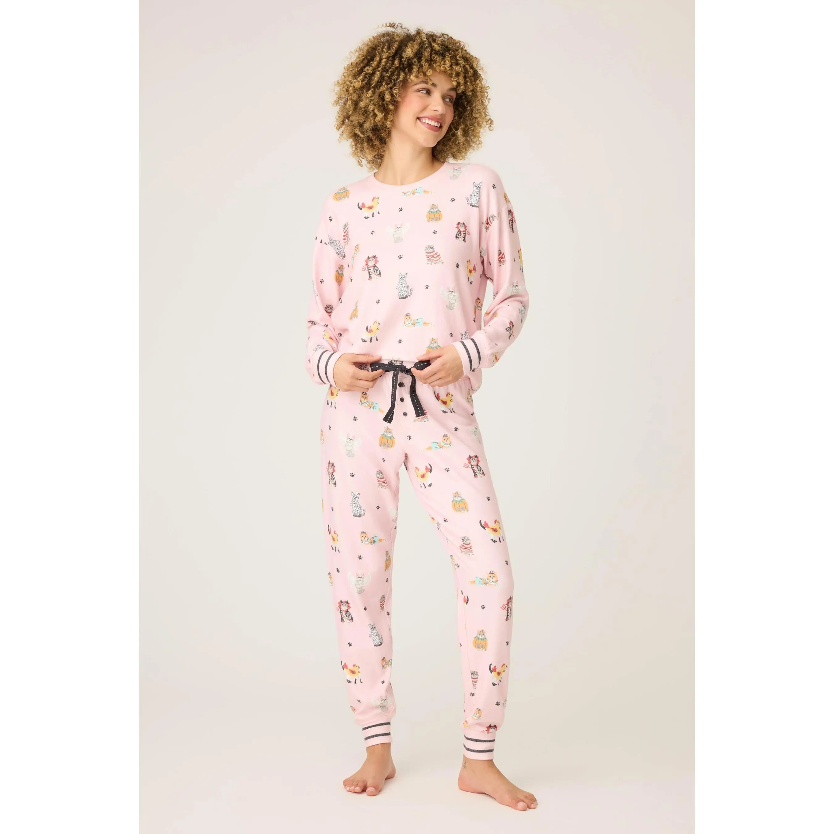 Women's Halloween Cat Print Pajama Top | Long Sleeve Ballet Style Loungewear in a Peachy Jersey Blend with Elastane, Pajama Set, Pyjamas, Matching