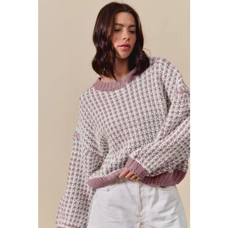 Two Tone Knitted Sweater Pullover - Mauve Ivory