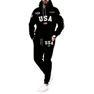 USA Letter Print Casual Hooded Sweatsuit Set for Men - 100% Polyester Long Sleeve Hoodie and Drawstring Joggers with Slight Stretch - Spring/Fall Outdoor Leisure Tracksuit Can be used with raincoat