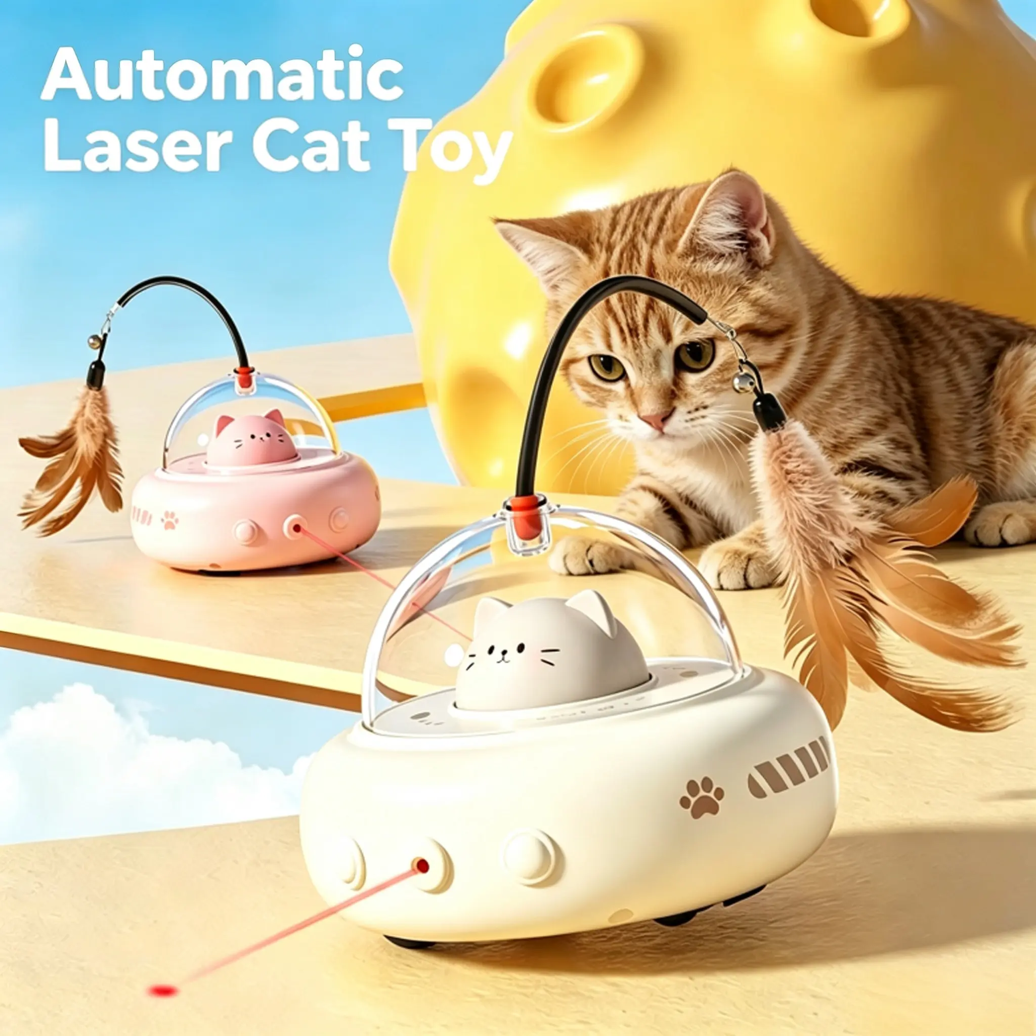 Automatic Laser Cat Toy - Interactive Playtime for Cats with Feathers and Cat Design, USB charging smart motion and obstacle avoidance function, rechargeable indoor cat exercise toy, suitable for cats and dogs, no batteries required, cat interactive toy