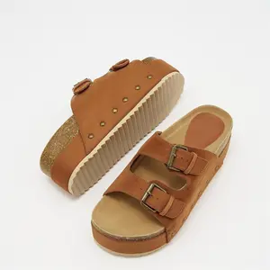 Women's Metallic Platform Sandals Cork Footbed Heeled Slides with Double Buckles Comfort Flatform Slippers Brown
