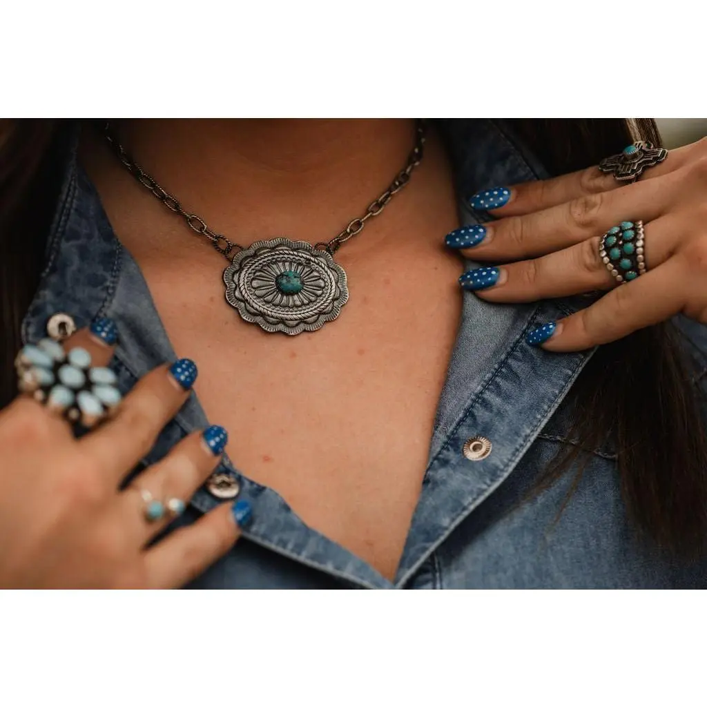 Sterling Silver Concho & Kingman Turquoise Western Statement Necklace — 18"