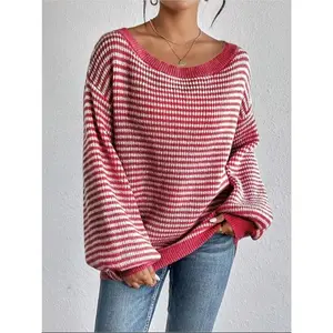 Women's autumn and winter long sleeved sweater, casual loose striped off shoulder knitted pullover, oversized fashionable top, knitted fabricRAIMENTRY
