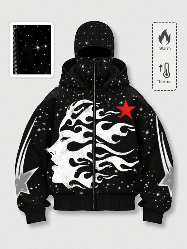 Men's Street Style Rhinestone Decor Hoodie With Two Hat, Windproof Jacket with Pockets and Zipper Design, Fall & Winter Wear