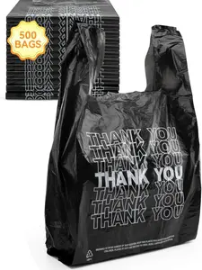 Thank You Plastic Bags 12" x 6" x 22" 1/6 Barrel Black Grocery Bags with Handles Ideal for Restaurants Retail Grocery Stores Takeout Convenience Stores 500 Bags