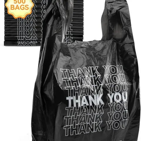 Thank You Plastic Bags 12" x 6" x 22" 1/6 Barrel Black Grocery Bags with Handles Ideal for Restaurants Retail Grocery Stores Takeout Convenience Stores 500 Bags