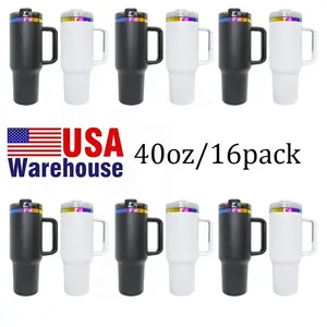 16pack 40oz powder coated drum with Straw & Removable Handle, Stainless Steel Double Insulated Tumblers, Large Capacity Leak-proof Travel Mug, for laser engraving, suitable for holiday gifts, outdoor sports, travel camping water bottles Drinkware Flasks