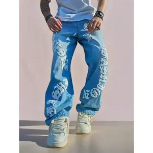Men's Letter Print Denim Jeans, Loose Casual Straight Leg Jeans for Daily Wear, Jeans for Men, Men's Trousers for All Seasons, Jeans for Men, Cotton, Relaxed Jeans, Streetwear, Medium WashGift