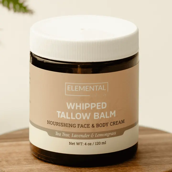 Elemental Whipped Tallow Balm - Nourishing Face & Body Cream with Tea Tree, Lavender & Lemongrass - 1 oz / 30 ml - Daily Hydrating Moisturizer for Dry Sensitive Skin with Aloe Vera & Calendula - Soothing Moisture, Calming Organic