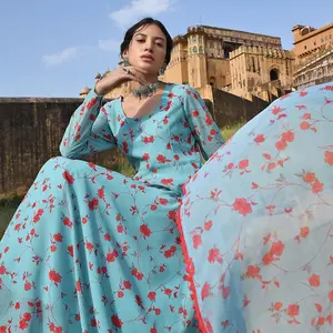 Sea Green Georgette Floral Anarkali Kurta with Palazzo  and Dupatta