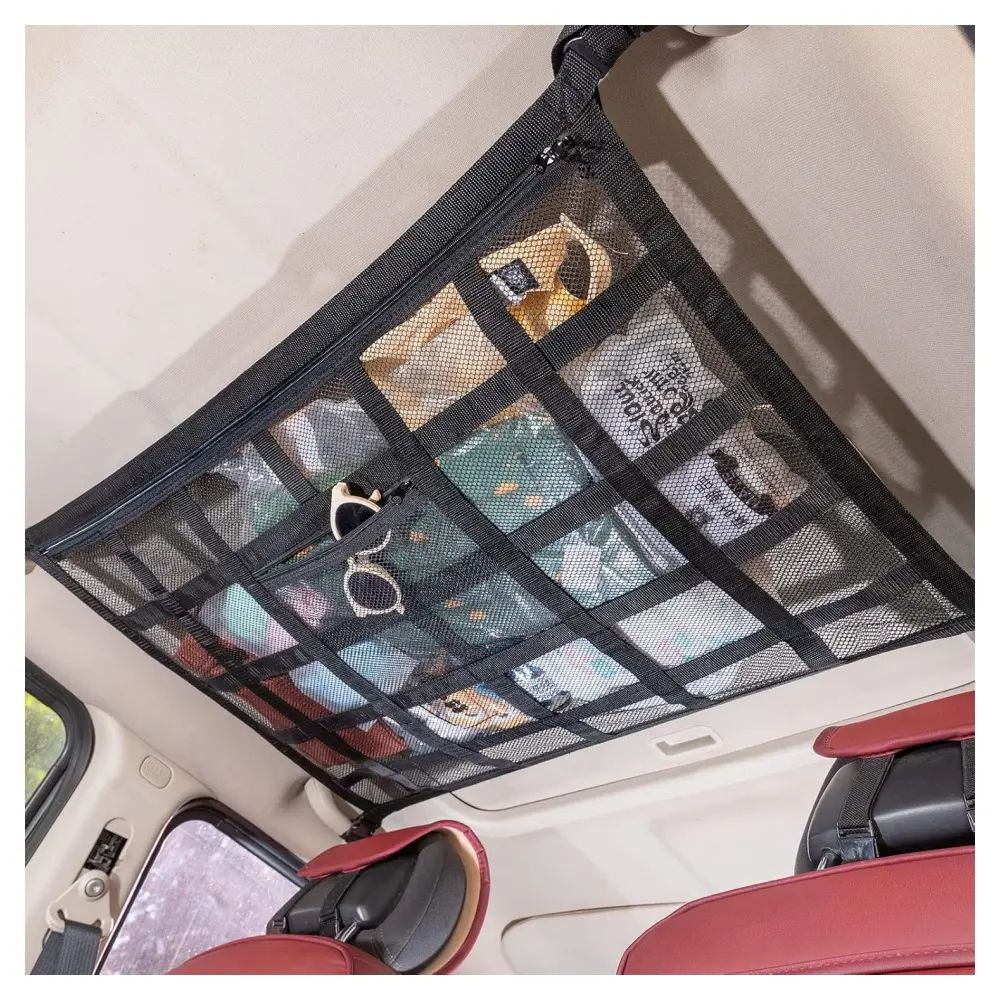 Upgrade Car Ceiling Cargo Net Pocket,31.5"x21.6" Strengthen Load-Bearing and Double-Layer Mesh Car Roof Storage Organizer, Truck SUV Van Travel Long Road Trip Camping Interior Accessories