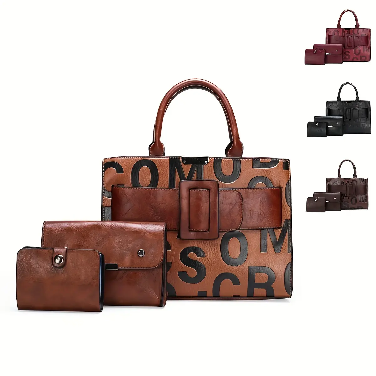 Women's 3-Piece Fashion Casual Bag Set - Chic Letter Embossed Top Handle Bag, Versatile Large-Capacity Crossbody with Wallet & Card Holder for Work & Shopping, Removable Strap, Letter Print, Chic Design, Daily Commutes, Practicality, Stay Organized