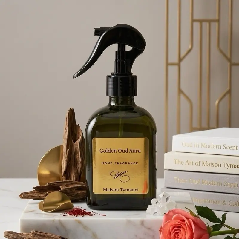 8 fl oz Eco-Friendly Cruelty-Free Golden Oud Luxury Hotel Scented Glass Bottle Fragrance Room Spray - Olive & Fruits Notes, Light Smooth Scent with Black Fig, Cedar, Amber Mist, Pump-Included Freshener with Bowl & Box