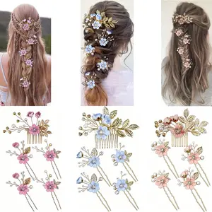 5pcs set Bridal Hair Pins Set, Flower Pearl Rhinestone Wedding Hair Comb for Brides Bridesmaids(Elegant Light Blue/Romantic Blush Pink/Romantic Lilac Purple)
