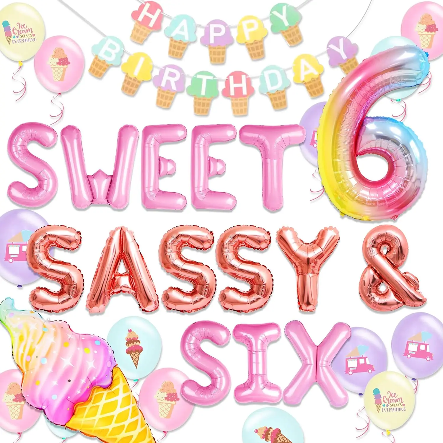 Sweet Sassy and Six Birthday Decorations for 6 Year Old Girl Ice Cream Theme Party Supplies with Backdrop Balloons Sweets Donuts Theme Gifts