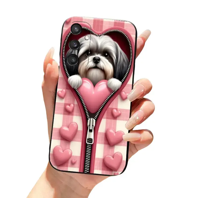 Shih Tzu Puppy in Heart Zipper Anti-Scratch Shockproof Protective Soft Phone Case, For Samsung Galaxy S26 Plus/S26 Ultra/S25 Plus/S25 Ultra/S25 FE/S25 EDG/S24 Plus/S24 Ultra/S24 FE/S23 Plus/S23 Ultra/S23FE/A14//XS