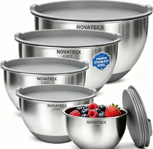 NOVATECX Premium Mixing Bowls with Airtight Lids Set, 22Pcs Thicker Stainless Steel Mixing Bowl Set, Large Prep Metal Bowls, Non-Slip Silicone Base Nesting Bowls for Kitchen, 1.5/2/3/4/5 QT, Khaki