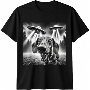 Men's Fashion Casual Round Neck Short-Sleeve Cotton T-Shirt, Menswear Top with Funny UFO Graphic Dachshund Print for Summer Beach, Streetwear