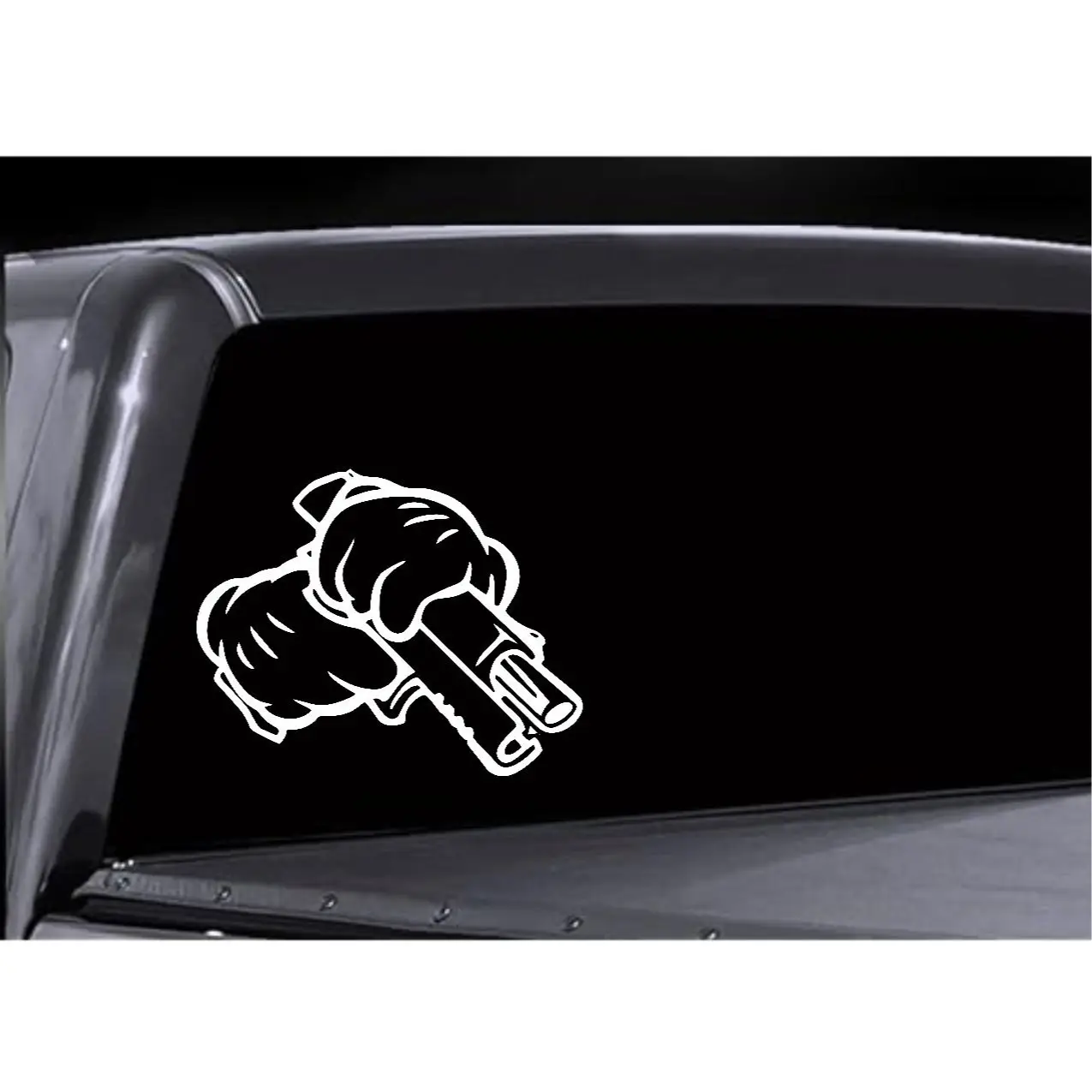 Gangster Gloves Decal - Black Background with White Hand and Tool Design