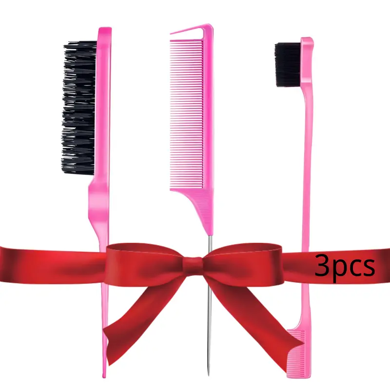3 Count Comb Set for Teasing Edge and Back Brushing Rat Tail and Edge Combs Hair Stick for Styling Women's Haircare Smooth Soft Bristle (Pink)