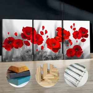 3Pcs Wooden Framed Canvas Painting, Red Poppies On Gray Background, Exquisite Poster, Home Decoration, Pattern Wall Art Decor, For Living Room, Bedroom, Office, Restaurant, Bar Wall Decor, Odorless, Painting, Print Artwork.
