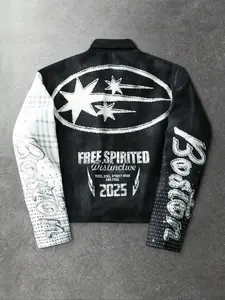 Premium Gothic Lettering Full Zip Graphic Print Jacket | Aesthetic Rhinestone Star Patchwork Outerwear Coats | Oversized Boxy Fit Casual Streetwear Top for Daily Outfit