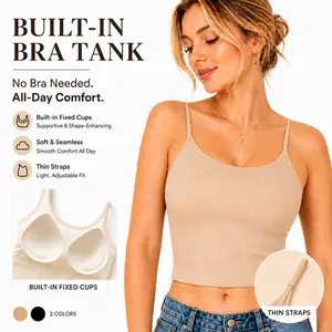 Women’s Built-In Bra Cami Top – Ice Silk Seamless Sleeveless Ribbed Tank with Fixed Cups & Spaghetti Straps