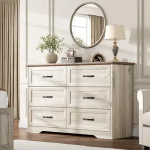 Garvee Farmhouse 6 Double Drawers Dresser for Bedroom, 47.2'' Wide Chest of Drawer, Wooden Horizontal Dresser with Metal Handles and Stable Base, Modern Cabinet for Bedroom, Living Room, Beige
