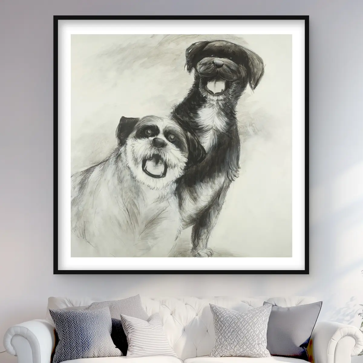 212 MAIN Matted Framed Happy Dogs Sketch Illustration - 48x48 in., Animal Decorative Print, Artistic Nature Artwork, Home Decor Products, Wall Decor Gift