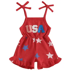 4th of July Outfit Toddler Baby Girl Stars Stripe USA Tie-Up Romper Overall Shorts Little Girls 4th of July Jumpsuit Clothing