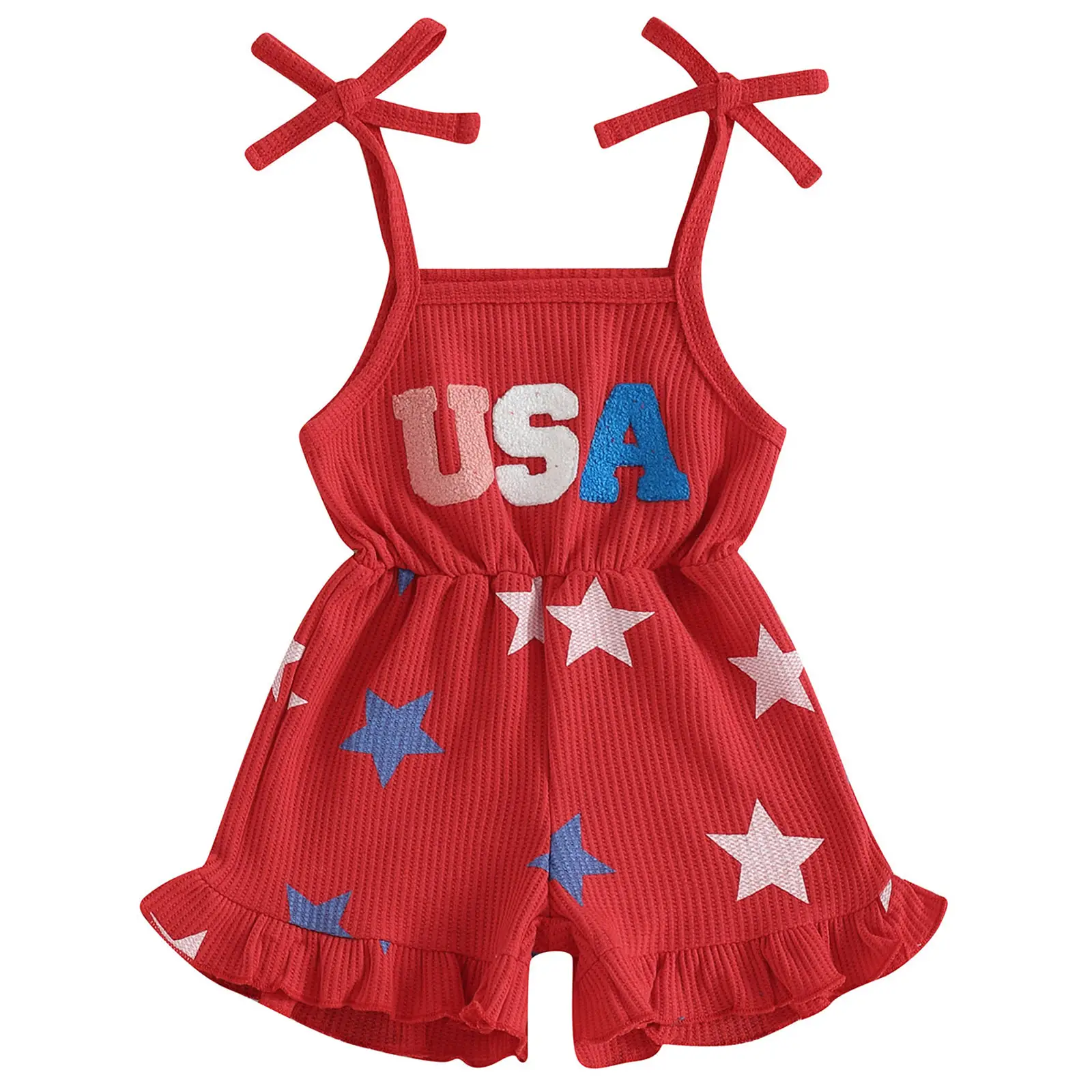 4th of July Outfit Toddler Baby Girl Stars Stripe USA Tie-Up Romper Overall Shorts Little Girls 4th of July Jumpsuit Clothing