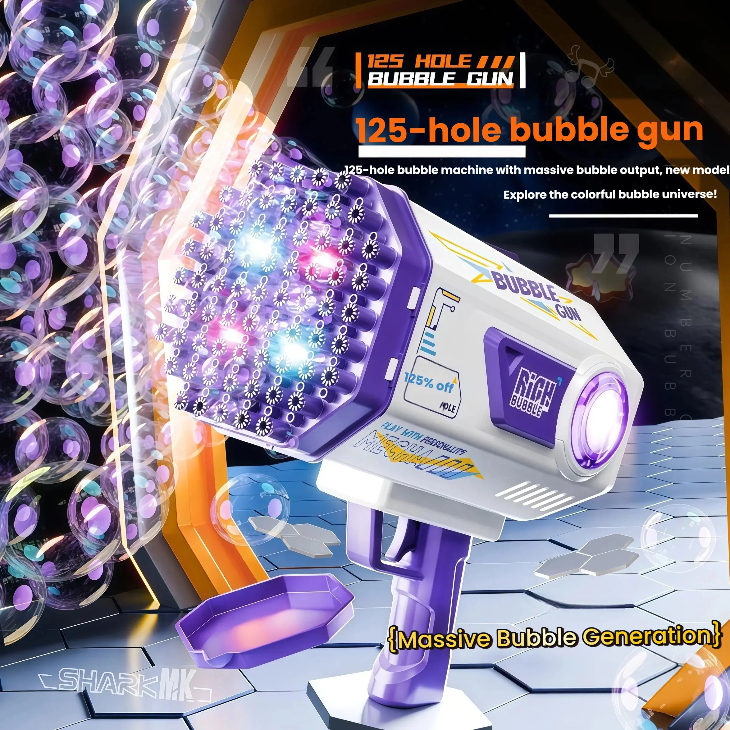 Automatic Handheld 125-Hole Light-Up Bubble Gun, Mini Gatling Bubble Machine, Portable Bubble Machine, Automatic Bubble Maker, Kids Toy, Birthday Gift, Christmas Gift, Wedding Gift (Includes 50ml *2 Bubble Solution, 4 Batteries Not Included)