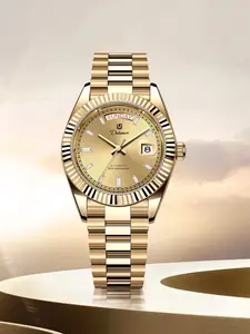 Dulunwe Luxury Gold Men's Watch 41MM Classic Formal Business Design Elegant Automatic Watch Day-Date Mechanical Movement Automatic Winding Waterproof Wristwatch