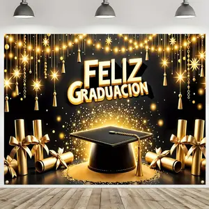 1pc 2D Flat Feliz Graduation Spanish Banner Backdrop - Golden Graduation Cap & Diploma Design, Polyester, Multipurpose Indoor/Outdoor Decor for Graduation Party, Summer & Fall Events, Indoor Outdoor Banner | Cel
