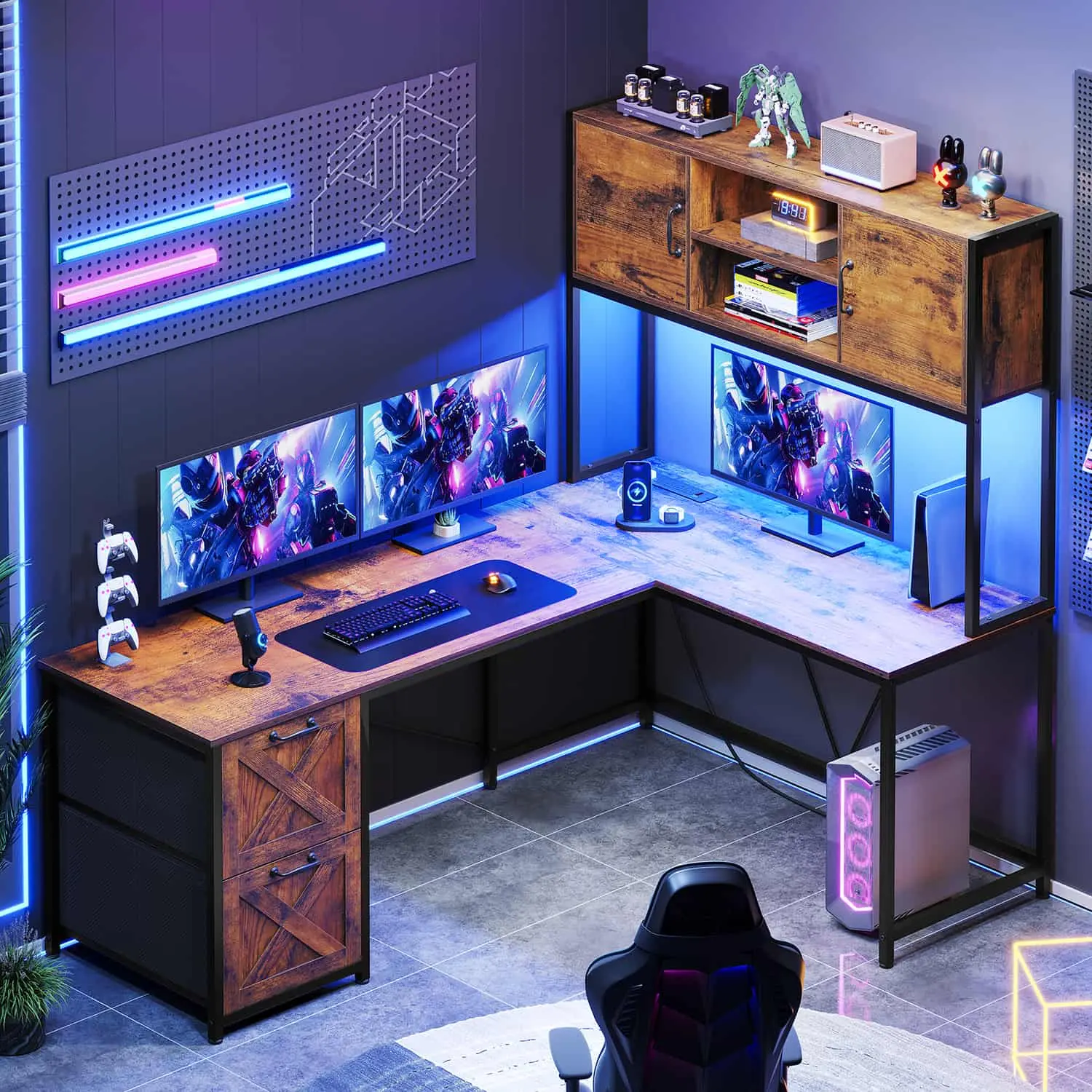 Sedeta 62in L-Shaped Reversible Office Desk - Wooden Desk with Storage Shelf, LED Lights for Writing, Study Gaming Desk Multi Purpose Desk