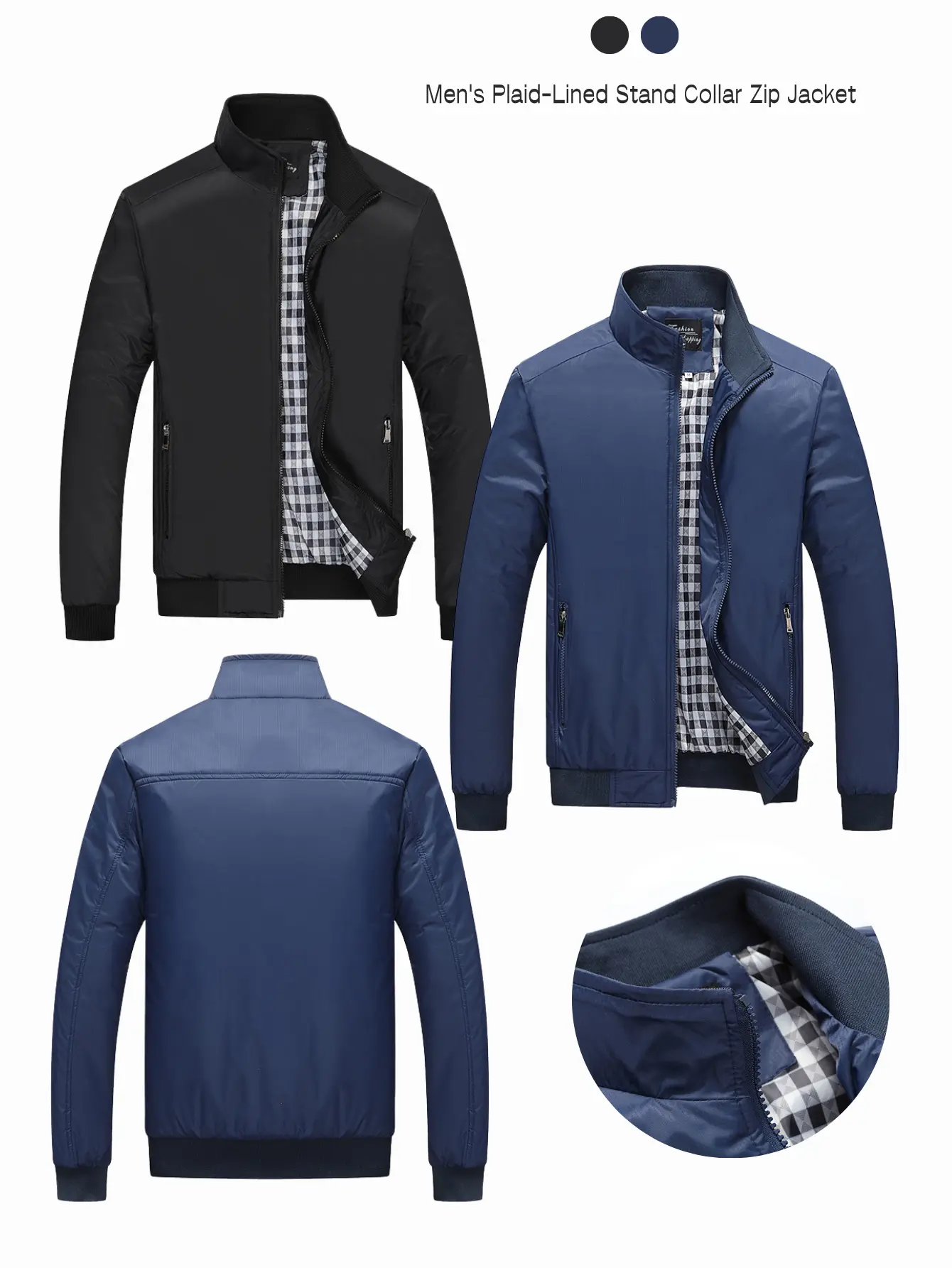Men’s stand collar casual jacket, spring/autumn plaid lining, versatile zip-up outerwear Chinos Coats