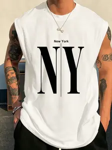 New York Print Sporty Tank Top, Casual Long H-Type Fitted Graphic Tee, Unisex Summer Wear for Home & Outdoors