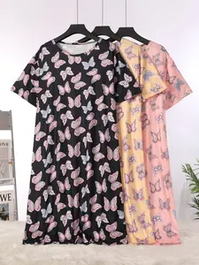 3pcs Plus Size Women's Knitted T-Shirt Dress with Butterfly Print, Casual Short Sleeve Sleepwear Set for All Seasons, Stylish Loungewear