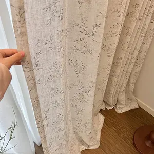 Elegant Linen Curtain with Summer Floral Print, Light-Filtering Sheer Drapery for Living Room & Bedroom Decor, Country Style Home Decoration