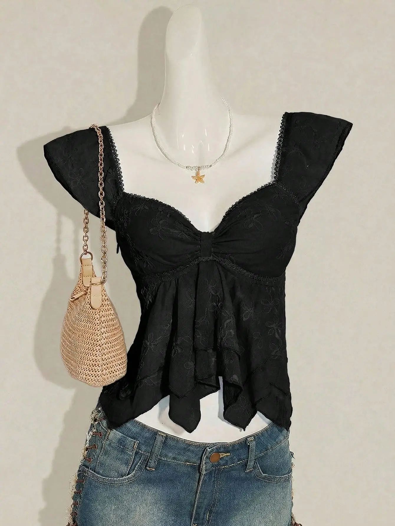 VYNCE Casual Beach Vacation Camisole Tank Top Women's Ruched Front Slim Fit Sexy Mesh Insert Cutout Back Black Top