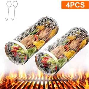 Rolling Grilling Baskets set for Outdoor, Grill Bbq Net Tube Stainless Steel Large Round Mesh Barbecue Cylinder Cage Cooking. wee# Accessories for Veggies Vegetable Fish Camping