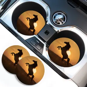 2pcs Horse Print Absorbent Rubber Car Coasters - Non-Slip, Durable Cup Holder Mats for Vehicle Interior Accessories, Black with Golden Horse Silhouette Design, Vehicle Accessory | Elegant Car Decor | EVA Rubber Coasters