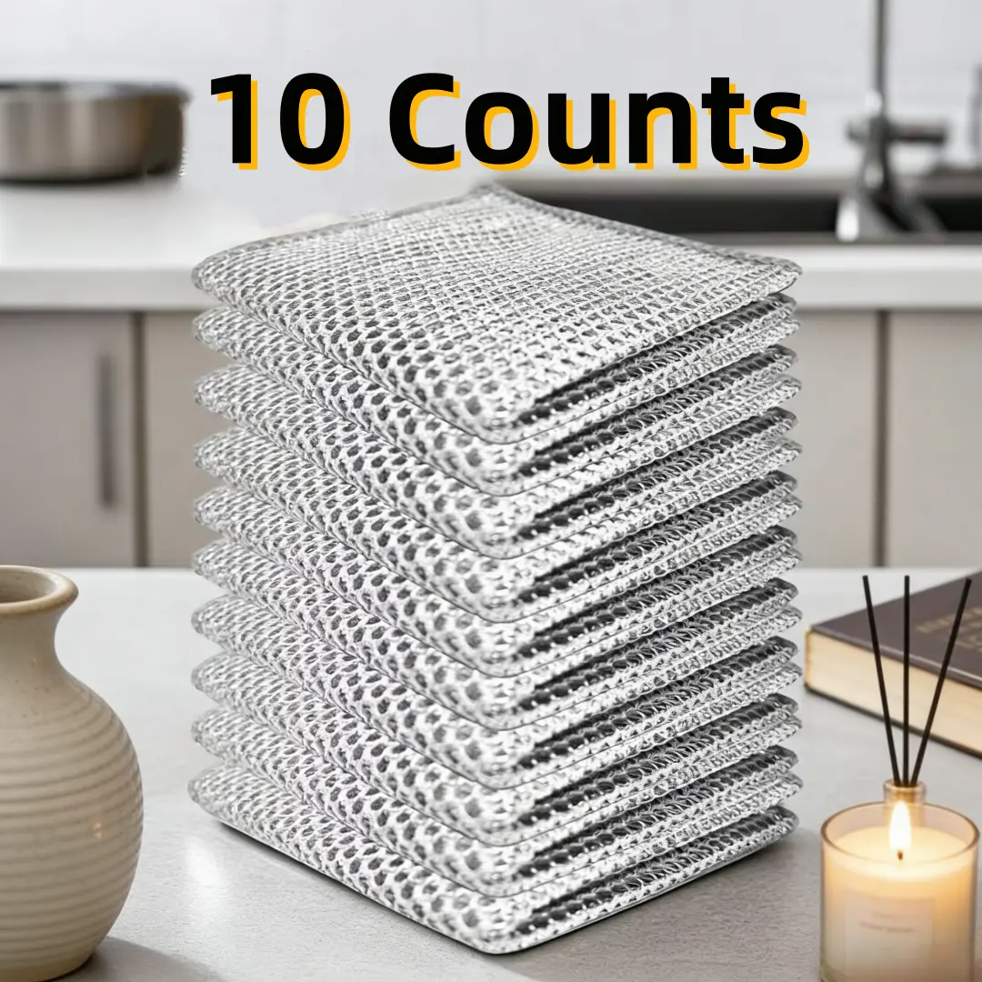 10-Count Silver Wire Oil-Free Cleaning Cloths - Scratch-Resistant, Hang-Proof Kitchen Gadgets for Cookware Care, Sinks, Stainless Steel Utensils